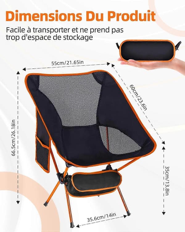 Bærbar foldbar campingstol, mulepose og sidetasker, ultralet foldbar campingstol, bærbar foldbar campingstol, (orange)