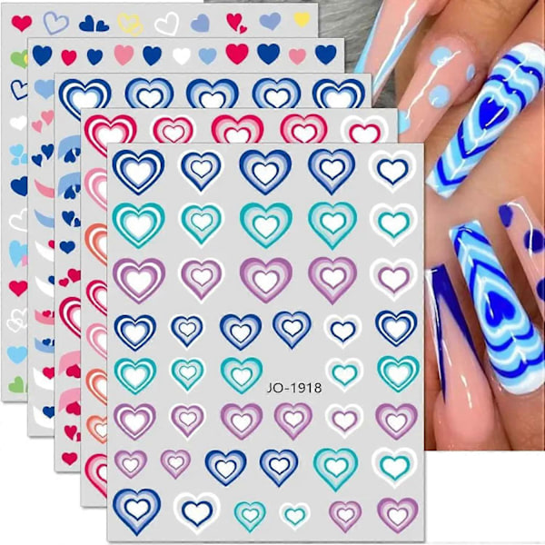 Hjärtformade Nageldekaler Gradient 3D Självhäftande Fransk Manikyr Hjärtmönster Klistermärken för Alla Hjärtans Dag DIY Nageldekoration 6 Ark