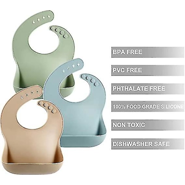 Set med 3 söta silikonhaklappar för bebisar och småbarn (10-72 månader) Vattentäta, mjuka, unisex, kladdfria (brun/blå/grön)