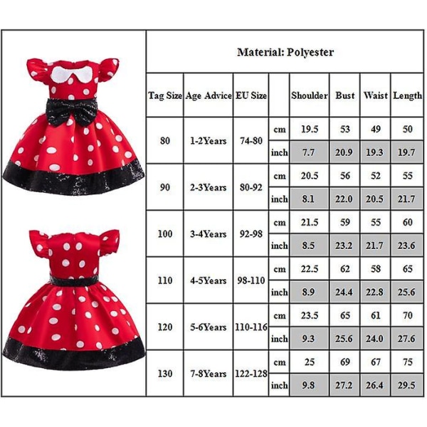 Barn Flickor Minnie Röd & Svart Söt tecknad A-line klänning Polka Dot Rosett Knot Decor Princess Dress 7-8Y