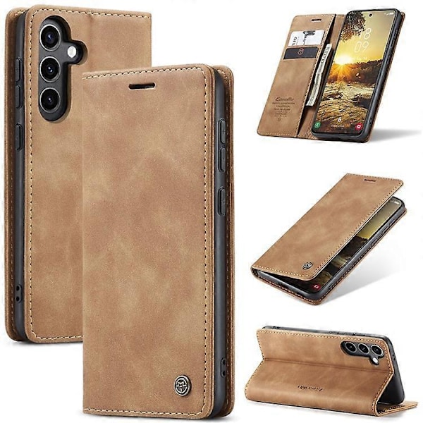 Kompatibelt Skal för Samsung Galaxy S25 CASEME 013 Serien Korthållare Ställ Läder Telefonskal Brown
