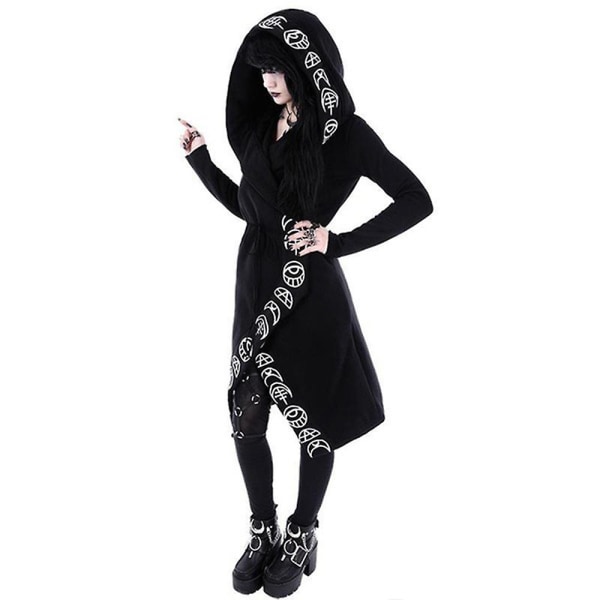 Kvinnor Gothic Snygg Punk Hooded Loose Jacka Ytterkläder Långärmad öppen främre kappa Halloween M