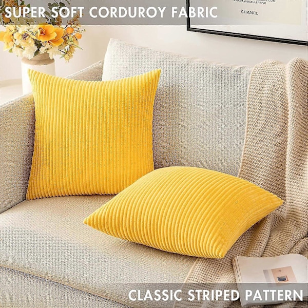 Pakke med 2 Corduroy Myke Solide Dekorative Firkantede Pynteputetrekk Sett Putetrekk Putetrekk for Sofa Soverom Sofa 22 x 22 Tommer Gylden Gul