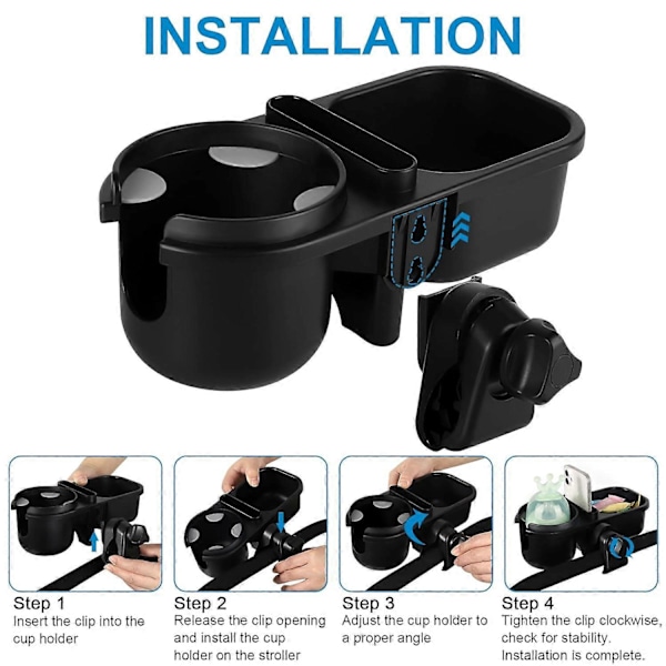 3 i 1 Barnevognbrett Barnevogn Koppholder Snacksbrett, Sklisikkert Grepsklips Barnevognbrett for Uppababy Barnevogner, Universal, Svart