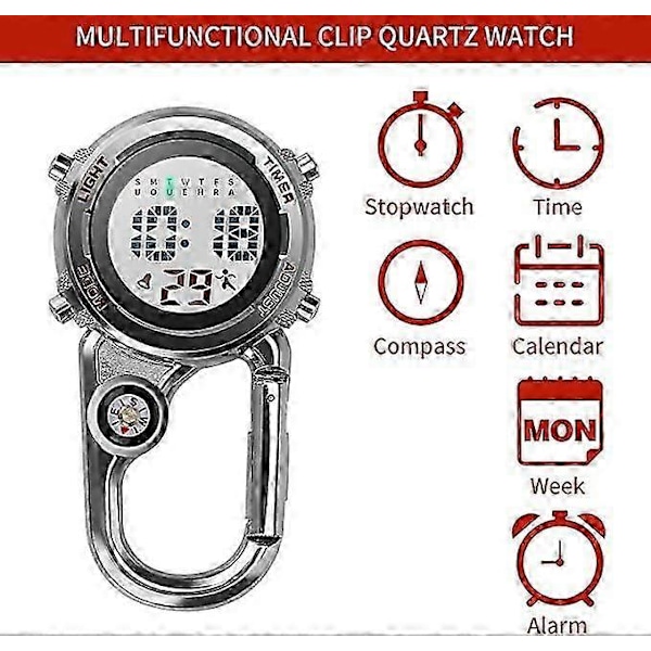 Karbinhake Klocka Digital Clip-on Quartz Klocka Multifunktionell Karbinhake FOB Klocka Lysande Urtavla Kompass Karbinhake Klocka med Kompassröd