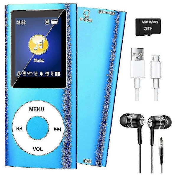 MP3-spiller med Bluetooth 5.0, musikkspiller med 32GB TF-kort, FM, øretelefoner, bærbar HiFi-musikkavspilling