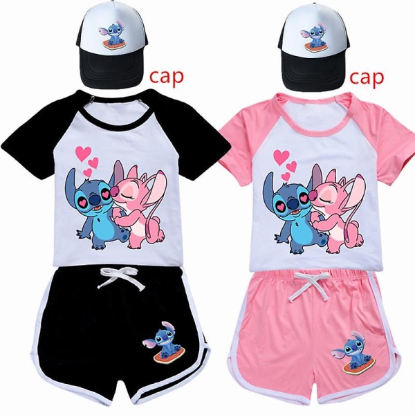 Lilo And Stitch Pyjamas Set Sommar Barn Kortärmad T-shirt Sovkläder Pyjamas Tecknad Lilo Stitch Barn Cos Sportkläder Outfits 11-12T(160) 2076rose-cap