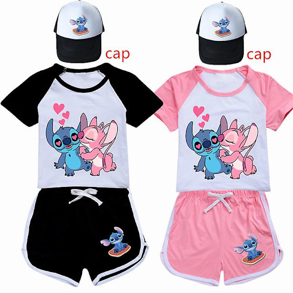 Lilo Ja Stitch Pyjamasetti Set Lasten Lyhythihainen T-paita Yöpuvut Pyjamat Sarjakuva Lilo Stitch Kids Cos Urheiluasut 4T(110) 2076black-cap