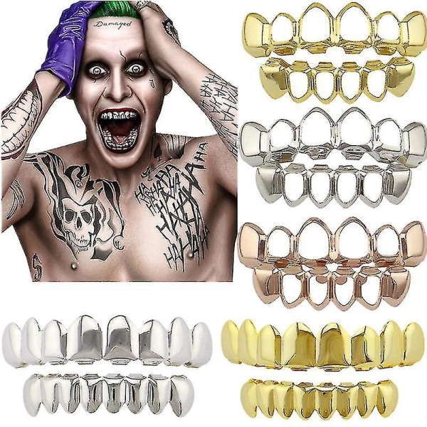 Snabb leverans Grillz Flat 8 Topp och 8 Botten Set Grills Bling Teeth Kepsar Halloween Jack Napier Eric Border Kostymer Gör-det-själv rekvisita C