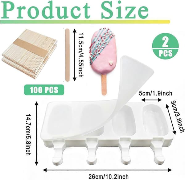 2-pak silikone ispindeforme, store ovale 4-huls isforme med 100 træpinde, genanvendelig hjemmelavet form til is, cakesicles og cake pops PINK S