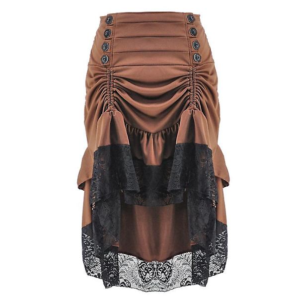 Monivärinen Lady Gothic Steampunk Pinstripe hame Rock Gypsy Vintage -asu edessä Nauhakerroksinen Clubwear -asu Brown 03 S