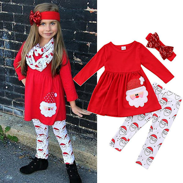 Joulu Lapset Tytöt casual asut Pitkähihaiset Joulupukki Print Mekko Leggingsit Housut Paljetit Rusetti set Joulupuku 3-4 Years