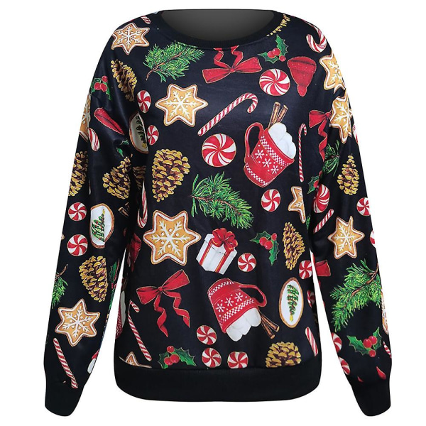 Naisten printed pitkähihainen uutuuspusero Party Xmas Crew Neck Casual Löysä neulepusero T-paita Topit Black Christmas Tree 2XL