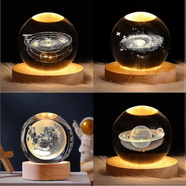 3D Planet Krystallkule Nattlys, Krystallkule med Trefot, 3D Gravert Solsystem Planeter Krystallkule, Hjemmedekorasjon