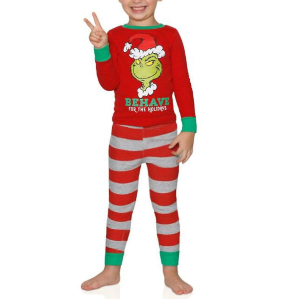 Joulun perheeseen yhteensopivat pyjamat Grinch print toppi raidalliset housut set Boy 3-4 Years