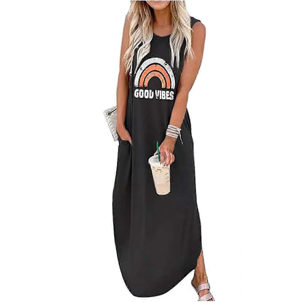 Regnbue Lomme Ermeløs Maxikjole For Kvinner Sommer Strand Casual Tank Kjoler T-skjole Kjole