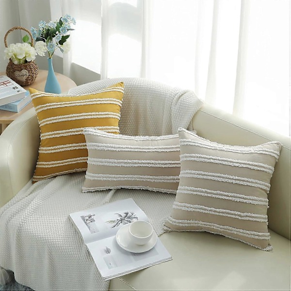 Boho-koristetyynynpäälliset, neutraalit raidalliset tyynynpäälliset 18x18, 2 kpl, Khaki-puuvillapellavatyynynpäälliset sohvalle olohuoneeseen.