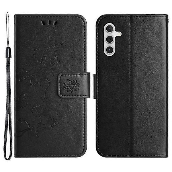 Kompatibelt för Samsung Galaxy A24 Präglat Fjärilsblomma Mobilskal PU Läder Plånboksställ Telefonskydd med Rem Black