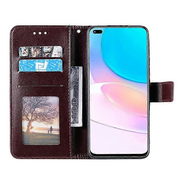 Præget Mandala Blomst Fuld Beskyttelse PU Læder + Blød TPU Standpung Telefon Cover med Rem Kompatibel med Huawei nova 8i Brown