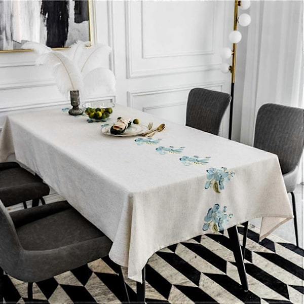 Broderad Blommig Duk Rektangulär Bordsduk Långt Bordsöverdrag för Kök Matsal, Fest, Högtid, Jul, Buffé (Blå, 135x100 cm)