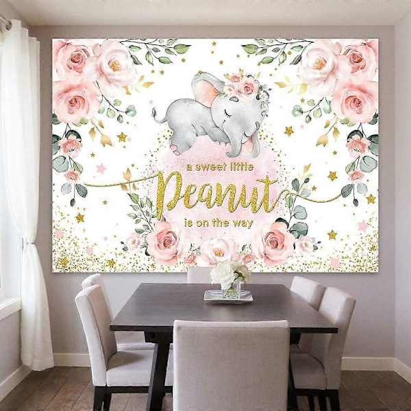 Baby Jente Elefant Baby Shower Bakgrunn Rosa Blomster Søt Liten Peanut er på Vei Fotografering Bakgrunn Rosa Elefant Foto Banner for Festkake