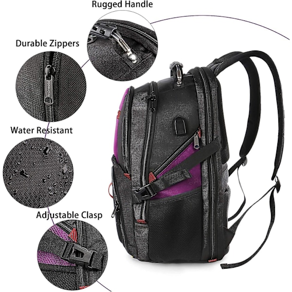 Extra Stora 50l Laptop Ryggsäckar Vattenavvisande College Ryggsäckar Flygbolagsgodkänd Affärsarbetsväska Med USB Laddningsport Passar 17 Tums Dator