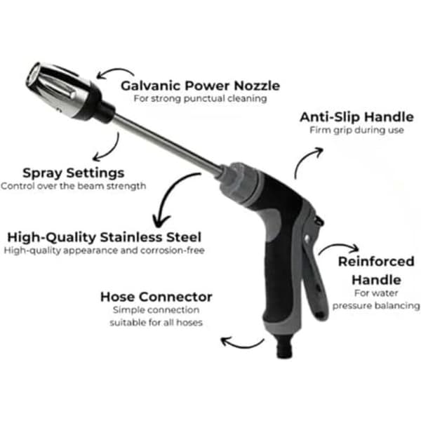 Højtryksrenserpistol, rustfri stålslangemundstykke med stik og handsker, til bilvask, havevanding, terrasse.