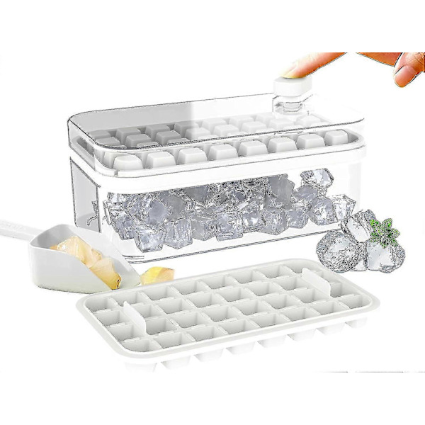 Isbitsform med lock och behållare, 2-pack isbitsformar för frys, 64 st isbitsform för cocktail, whisky, te, kaffe (vit)
