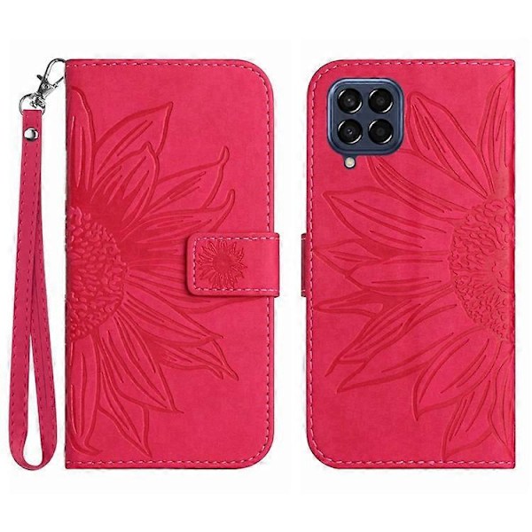 Kompatibelt för Samsung Galaxy M53 5G HT04 Skin-touch PU Läder Mobiltelefon Skydd Skal med Tryckt Solros Ställ Plånboksfodral Pink