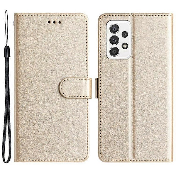 Kompatibelt för Samsung Galaxy A33 5G PU Läder Plånboksfodral med Ställ Silkesstruktur Flipfodral med Handrem Gold