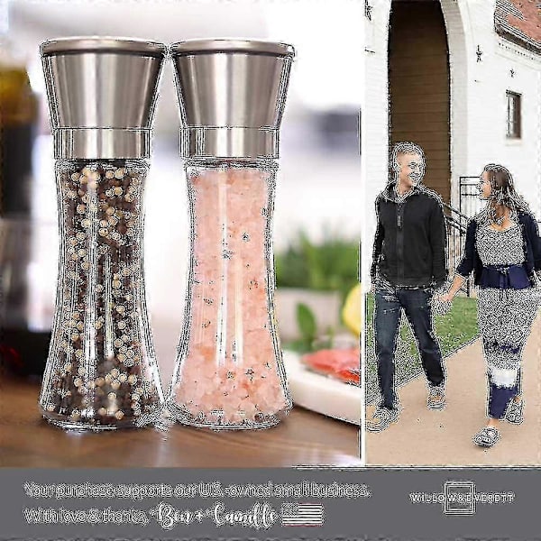 Sæt med salt- og peberkværn i rustfrit stål med stativ