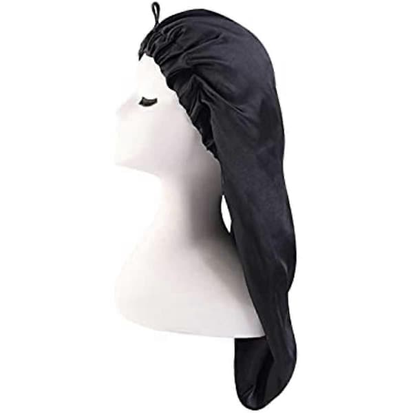 1 x Lang Sateng Hårhette Pustende Sovehette Bonnet Silke Afro Silke Sovehette Sateng Hette Justerbar Sovehette Natthette Hårpleiehette Svart