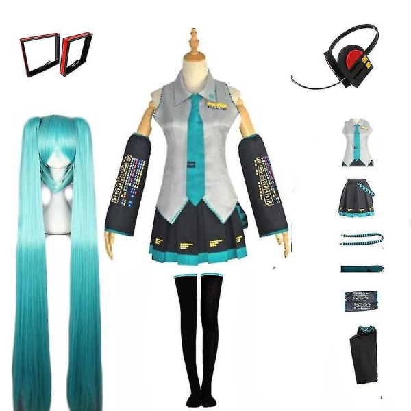 Snabb Frakt Miku Kostym Japan Midi Klänning Kvinnliga Outfits För Halloween Nyårsfest Fulla Set Med Peruk Full sets with wig S