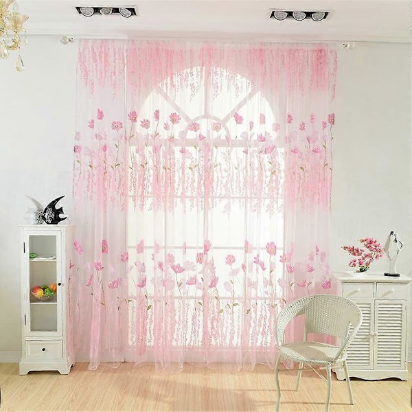 Glitter Blomst Blad Print Voile Gardiner Blyantfold Tynde Tyl Gardiner Panel Vinduesbehandling til Stue Piger Børneværelse