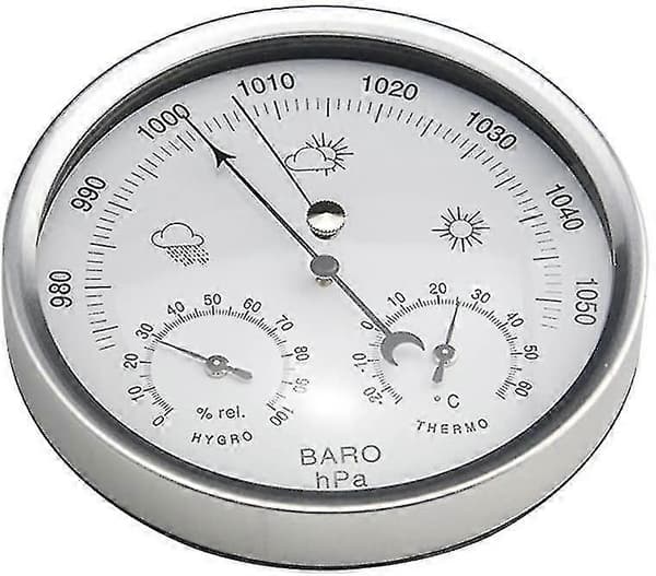 Barometer av urtavletyp med termometer, hygrometer, väderstation och mätning av barometriskt tryck