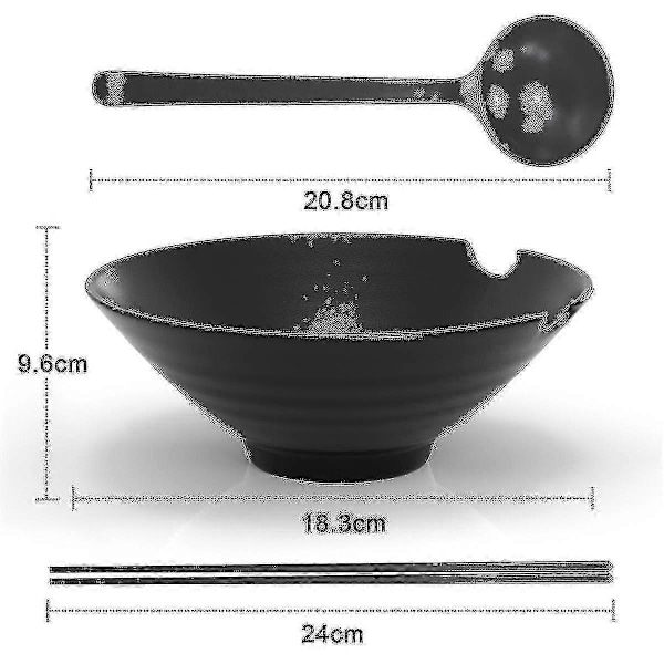 6-delt Ramen-skålsett med 1000 ml fyllingskapasitet - Tradisjonelt japansk servise med spisepinner og skje i svart