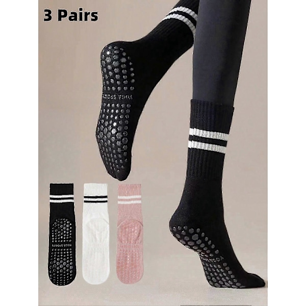 3 par Pilates skridsikre sokker, Pilates skridsikre sokker til kvinder, Pilates sticky sokker, Yoga Barrel sokker med grip, Sort Hvid Pink Sport
