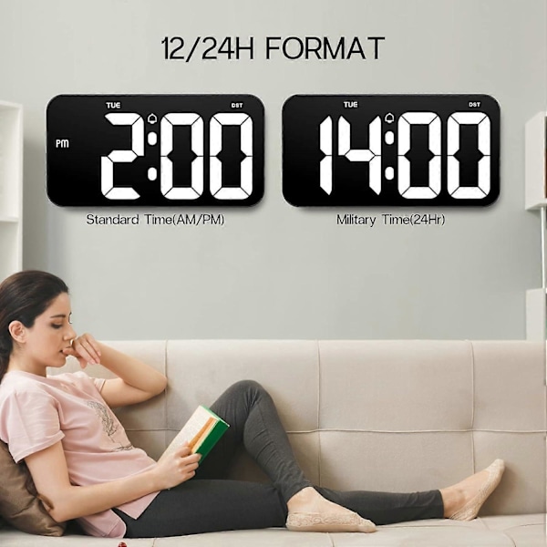 Stor Digital Väggklocka med 10 cm Stora Tydliga Siffror - Digital Klocka för Vägg med Sommartid, Automatisk Dimning, Vecka, 12/24H (Inte en Batteriklocka)