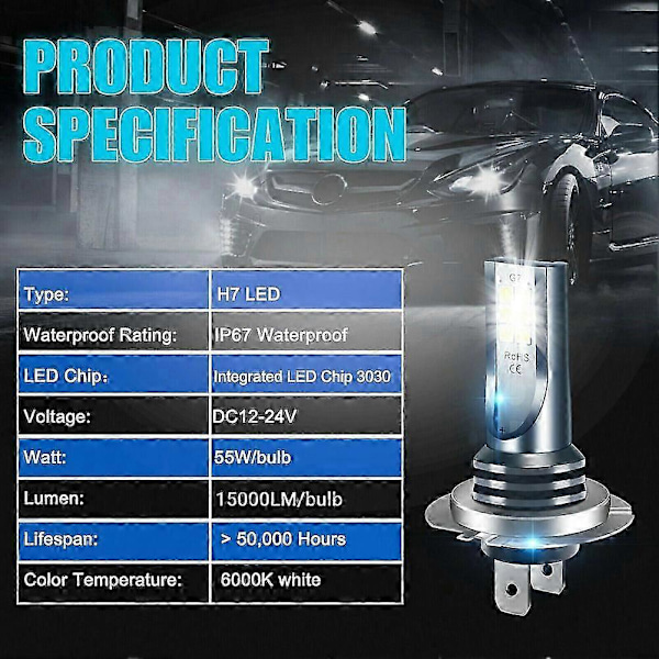 2st 12V 24V H7 LED Strålkastare Bil Super Stark Hög Låg Ljusdimma Glödlampor 30000lm 6000k Vit Ip67 Bilbelysning