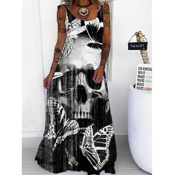 Naisten casual hihaton maxi-mekko, pääkallo- printed, löysä mekko Halloween-juhlissa Sling pitkä mekko style 10 M