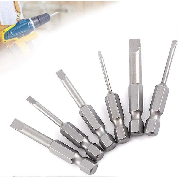6 stk. 50mm 2.0-6.0mm Flat Head Slotted Bit Skrutrekker Bits Sett S2 Legering Magnetisk 0.25\" Hex Slotted Skrutrekker Bits