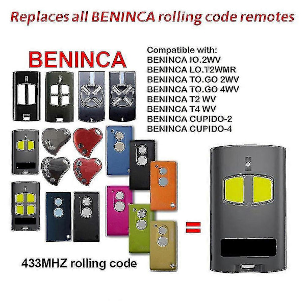 Beninca To Go 2wv 4wv 2va 4va Cupido-2 Cupido-4 Fjärrkontroll för Garageport, Ersättning 433.92mhz Rullande Kod Pilot Beninca Gate-A