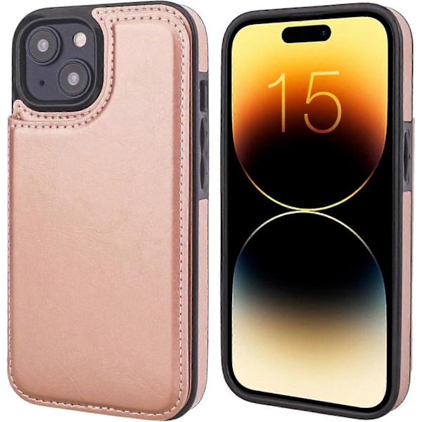 Kompatibel med iPhone 15 Lommebok Etui med Kortholder, PU Lær Støttefot Kortspor Etui (Rose Gull)