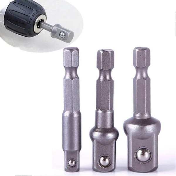 3 stk. adaptersett for pipe, sekskantfeste til 1/4 3/8 1/2 tommer kromdriverbor