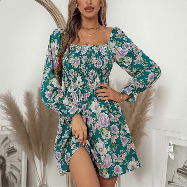 Blomstret Rynket Off Shoulder Kjole Moderigtig Elastisk Strækbar Elegant Kjole til Kvinder