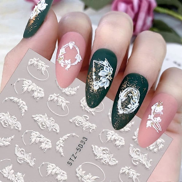 5D Präglade Blommor Nagelstickers för Akrylnaglar, 6 Ark Graverade Blomma Nageldekaler Vår Sommar Nagelkonst Tillbehör Franska Toppar Nageldesign