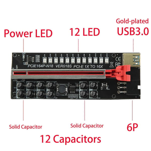 VER018S PCI-E Extender Riser 1x til 16x USB 3.0 LED Kort PCI-E Adapter Til GPU