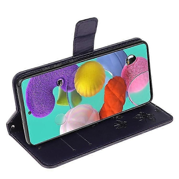 Præget Sommerfugl Blomst Skin PU Læder Flip Mobilcover Kompatibelt til Samsung Galaxy A51 DarkPurple