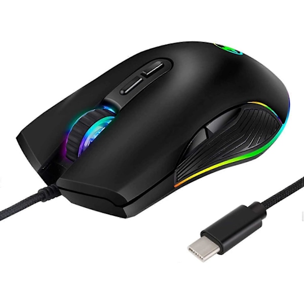 USB C Mus Typ C Ergonomisk Trådbunden Mus RGB Gamingmus Optisk Mus med Justerbar DPI 800/1600/2400/3200 Kompatibel med Notebook, C, Laptop, Ma