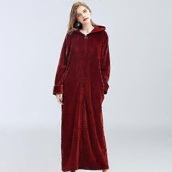 Badekåbe med hætte til damer, varm og blød fleece-morgenkåbe med lynlås, lang Wine Red M